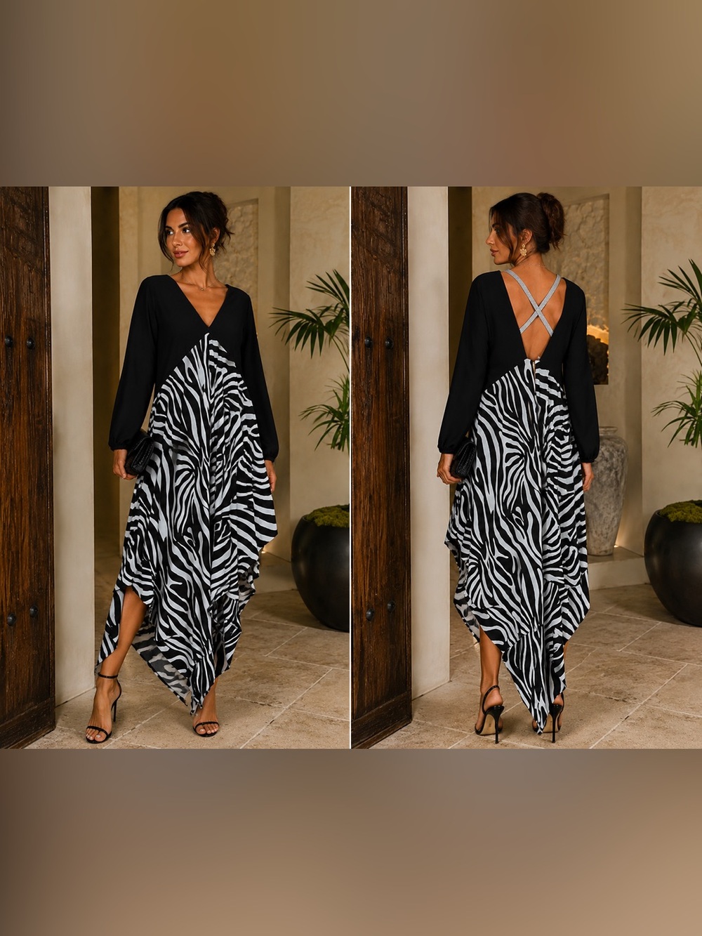 S-DEER Zebra Print Asymmetrical Maxi Dress Open Back Rhinestone Straps L